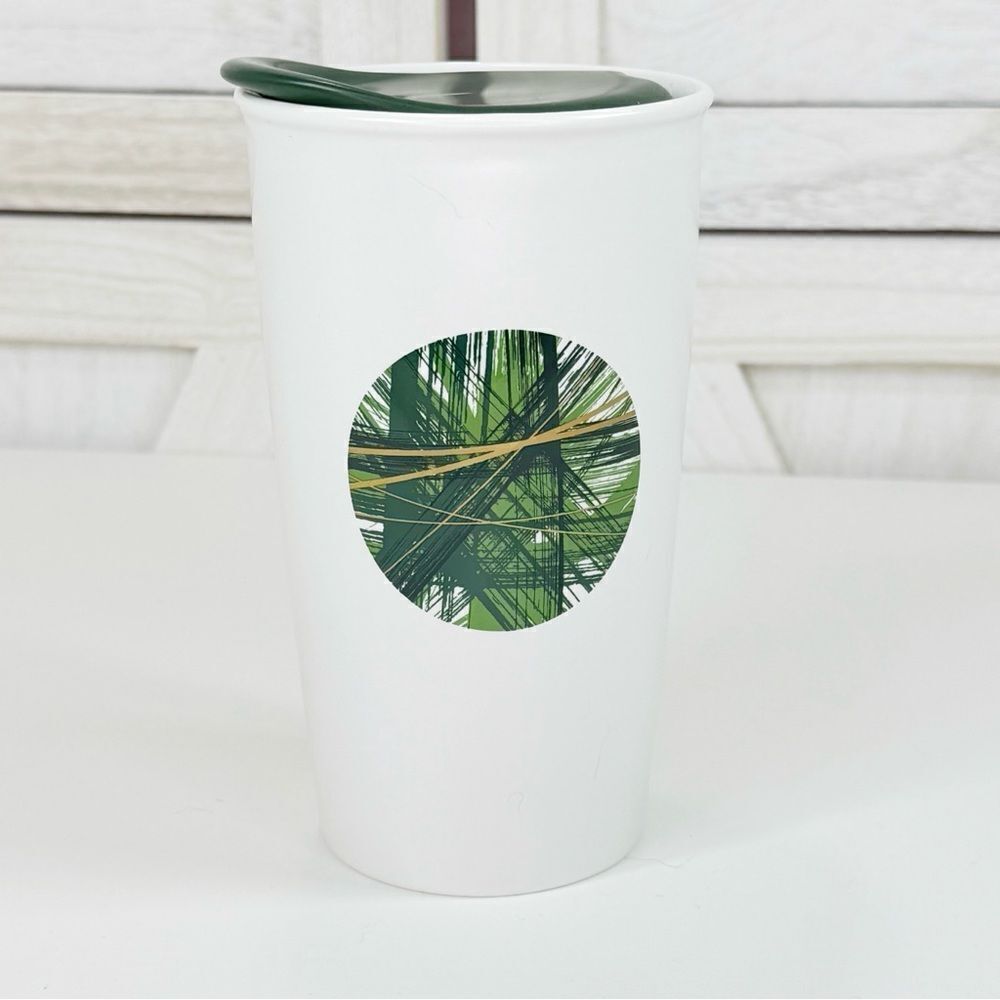 Starbucks Crosshatch Graphic Green Dot Ceramic Tumbler‎ Cop White Green 2014